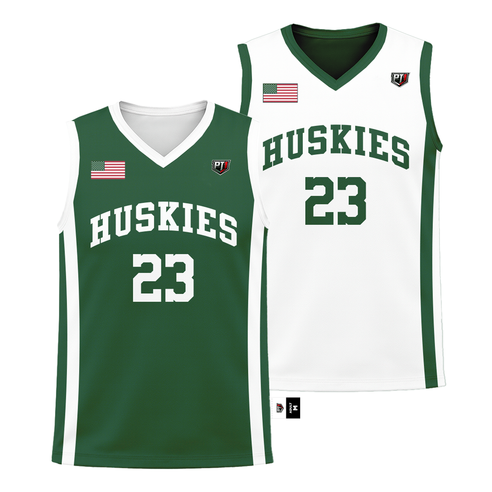 Green and white basketball jerseys with 'Huskies' and number '23' on a white background