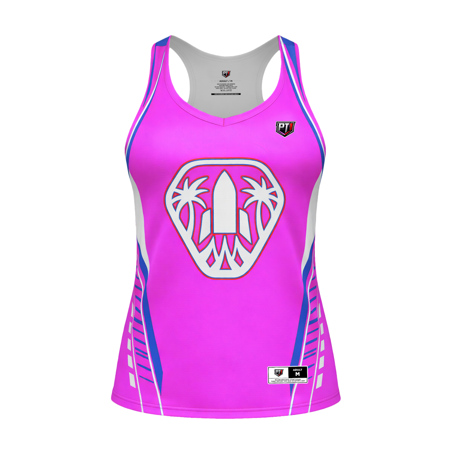 Pink athletic tank top with a logo on a white background