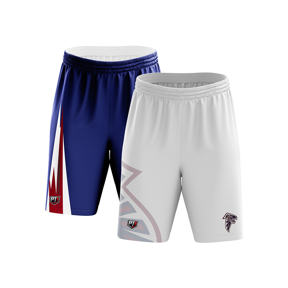 Two pairs of athletic shorts, one blue and one white, on a white background.